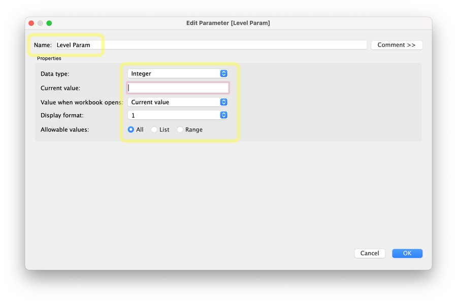 Create a Integer parameter per dimension and use a fixed Suffix in the Parameter name