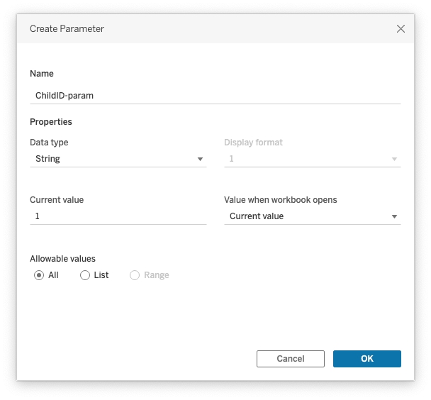 Create a parameter of type string to store the child ID