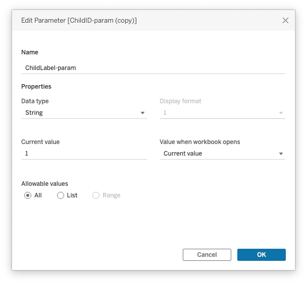 Create a parameter of type string to store the child Label